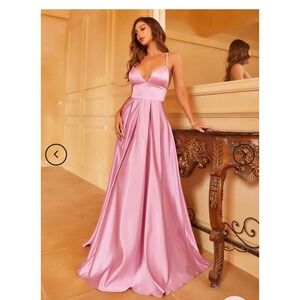 Satin Formal Ball Gown Pink Spaghetti Strap Cross Back Maxi Dress Sz M‎